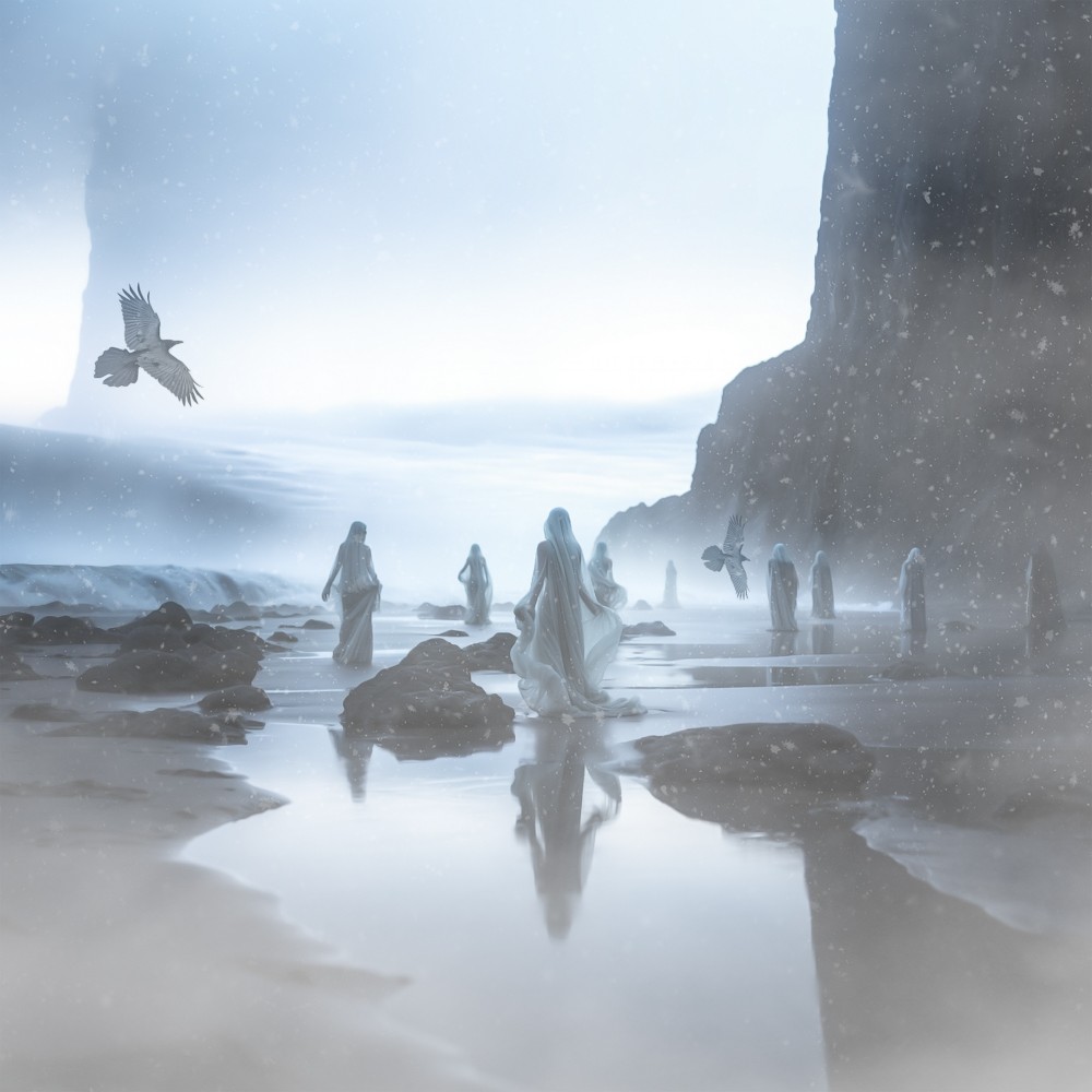On the shore where the realm of Asgard touches the sea, Nine Daughters of the Sea chant the prophecy. The beach, a canvas of endless twilight and foam, bears the secret of Heimdall, in future's tome.

Óðinn's unseen gaze, through the wisdom of raven's flight, merges with the mist, in the fading light. The sisters, in their element, a dance of fate and time, whisper of the union, a destiny sublime.

With each gentle wave's retreat, a part of the tale, a hint of Heimdall's vigil, strong and never frail. The sands, the sea, the sisters, and the whispering winds, foretell the watcher's coming, where the shore begins.

The beach will hold the memory, in every grain, every stone, of the sisters' soft recital, in the tidal zone. As the ravens soar on high, their black wings spread wide, the prophecy of Heimdall remains with the tide.
