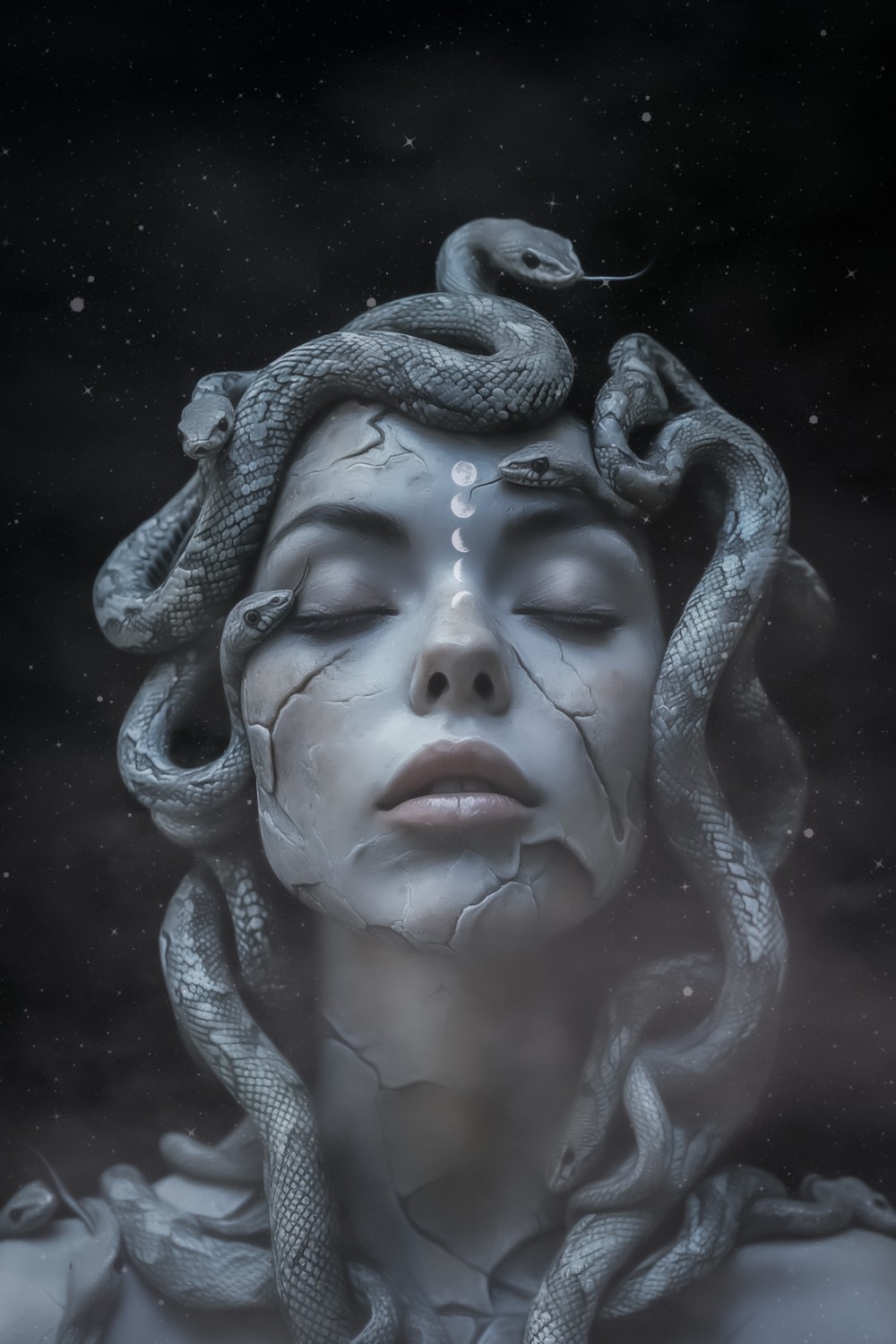 Whispers coil in serpentine grace, Medusa's gaze, a frozen embrace. Stars for eyes, a mythic plea, In stillness lies her silent decree. A heart beats beneath stone so cold, a tale of beauty, time can't erode.
Enchantress bound by cursed fate.