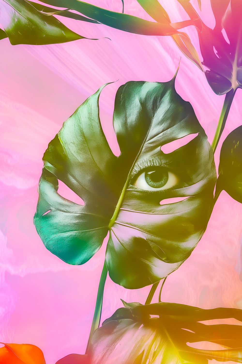 A whisper of green in a world of pink,
A secret gaze where the shadows blink.
Monstera sways in sugared light,
A jungle dream dipped in neon bright.

Candy skies with velvet air,
A watchful eye in foliage fair.
Does nature see, does she confide,
Behind the leaves, where dreams collide?