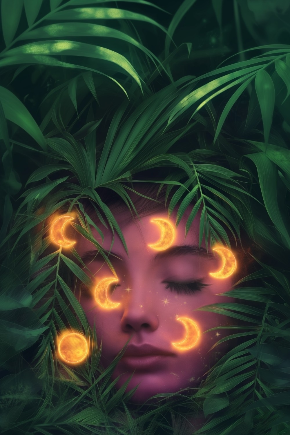 She sleeps in gold, in petal light,
Moon-kissed skin, soft as night.
Leaves embrace in emerald deep,
Where summer hums and secrets keep.

Blush of dawn upon her face,
Cradled in the season’s grace.
Crescent moons in silent glow,
Mark the dreams that ebb and flow.

The earth exhales, the stars descend,
Time unspools, the edges bend.
In warmth, in bloom, in night’s soft gleam—
She drifts, she glows, a summer dream.
