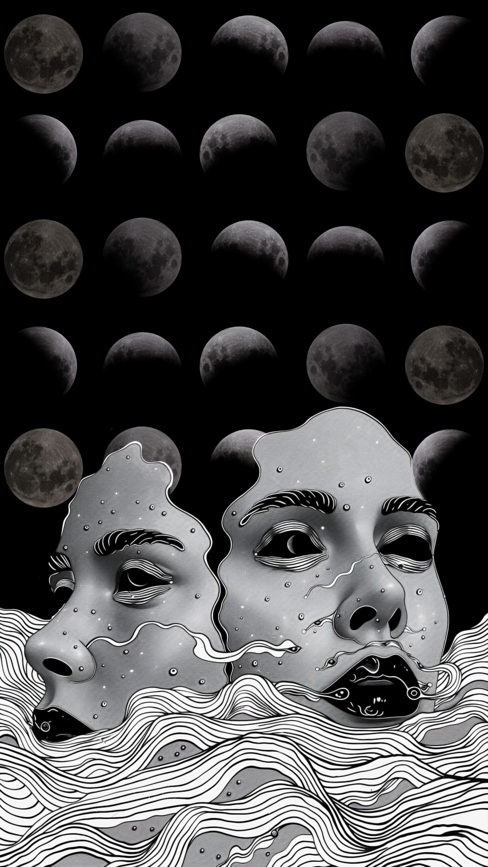 Moon-bound whispers, tide-worn breath,
faces rising, veiled in death.
Echoed voices, drifting deep,
woven silence, souls that weep.

Shadow tides and silver seams,
Wake the lost in woven dreams.
Eyes like voids, lips unsaid,
Calling forth the restless dead.

Phantom fingers, ebb and flow,
Through the veil, they come, they go.
The night is open, time to unwind.
The dead return and the moonlight binds.