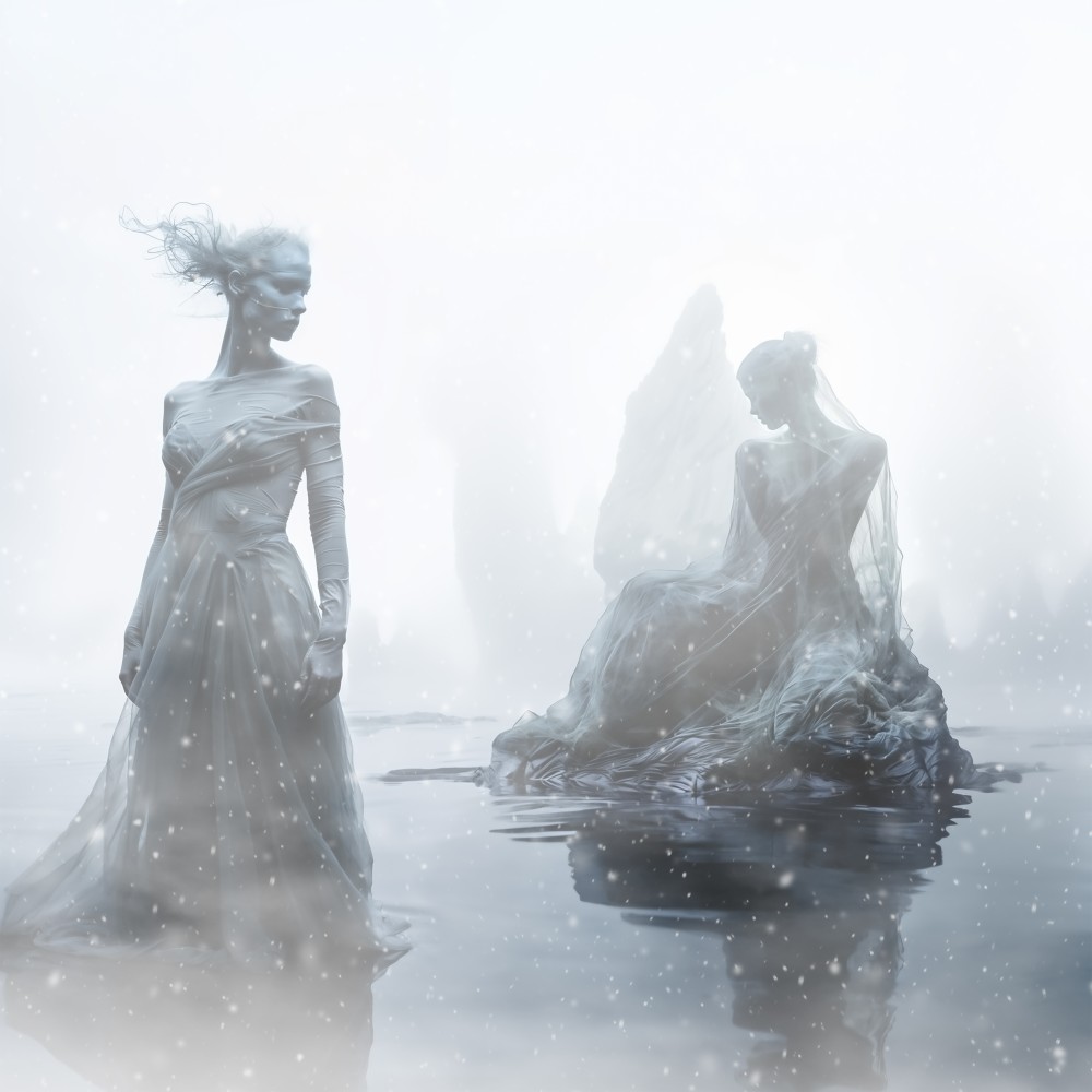 In a realm of frost, two figures stand,
Whispers of myths from a winterland.
One gazes afar, in silence bound,
The other in repose, with ice her crown.

They are the sentinels of a world so stark,
Carved from the cold, from the frosty dark.
One stands tall, amidst the snow's soft sigh,
The other sits still, under the pale grey sky.

Eternal they wait, in a dance of dreams,
Cloaked in the chill of icy streams.
In the silent world of stone and storm,
They hold the secrets of a formless form.