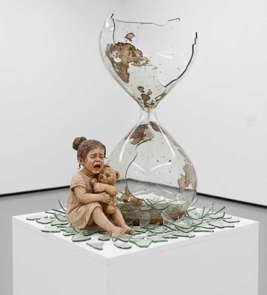 Technique:
Ink on paper, 2025
AI-assisted digital modeling and three-dimensional visualization

Witnesses of Time focuses on children as the silent witnesses of war. A young girl trapped inside an hourglass represents a suspended state of childhood, frozen against the natural flow of time. Her immobility reflects the vulnerability of children under conditions of violence and uncertainty.
A vulture positioned in the upper chamber symbolizes war’s watchful and enduring presence. Rather than immediate destruction, it embodies waiting, surveillance, and the continuity of threat. Its stillness mirrors societal indifference, while its presence extends violence beyond the moment of conflict.
The work invites an ethical confrontation, proposing that children are not only victims but also powerful carriers of historical memory. Through silence and stillness, Witnesses of Time calls viewers to reflect on childhood, war, and the responsibility of witnessing.