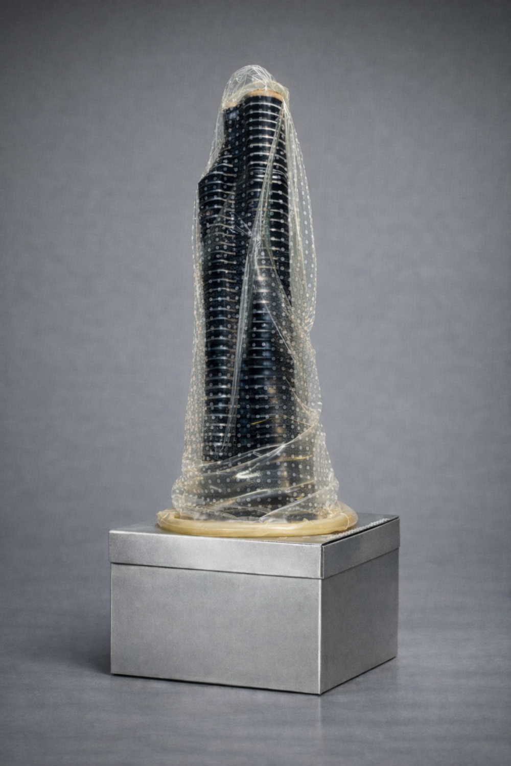 This work addresses a symbolic intervention against the uncontrolled proliferation of skyscrapers that increasingly invade and dominate urban space. The skyscraper is approached as a vertical structure that produces power, hierarchy, and domination—an organism that becomes dominant within the city through its desire to rise and endlessly expand.

The condom that envelops the building functions not as a protective object, but as a deliberate camouflage intended to halt reproduction. The structure remains visible; however, its capacity to produce, spread, and multiply is suspended. The box beneath suggests that this intervention is not an individual act, but a systematic and repeatable method.

Prophylaxis reveals that architecture is not a neutral field, but a mechanism of control that operates through space and generates power relations. By targeting uncontrolled architectural growth in the city, the work questions the ideology of growth and its normalized consequences.