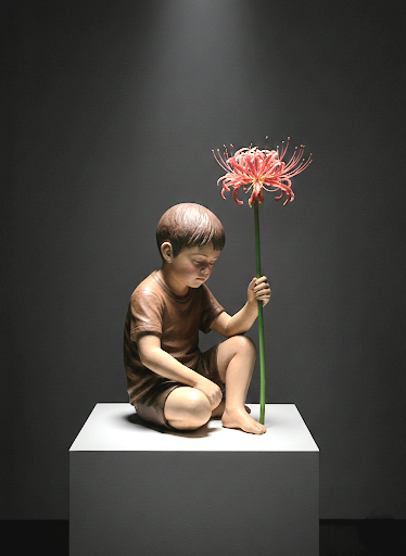 Technique:
Ink on paper; AI-assisted digital modeling and three-dimensional visualization

The Higanbana flower symbolizes the silence of children growing up in the shadow of war and the way this silence takes root in the future. As the child plants the flower, they leave a trace not only in the soil but also in memory. This gesture marks a fragile passage between loss and remembrance.