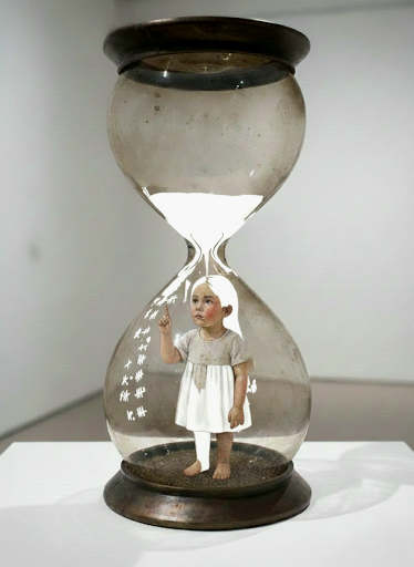 Ink on paper, 
AI-assisted digital modeling and three-dimensional visualization

Witnesses of Time focuses on children as the silent witnesses of war. A young girl trapped inside an hourglass represents a suspended state of childhood, frozen against the natural flow of time. Her immobility reflects the vulnerability of children under conditions of violence and uncertainty.
A vulture positioned in the upper chamber symbolizes war’s watchful and enduring presence. Rather than immediate destruction, it embodies waiting, surveillance, and the continuity of threat. Its stillness mirrors societal indifference, while its presence extends violence beyond the moment of conflict.
The work invites an ethical confrontation, proposing that children are not only victims but also powerful carriers of historical memory. Through silence and stillness, Witnesses of Time calls viewers to reflect on childhood, war, and the responsibility of witnessing.