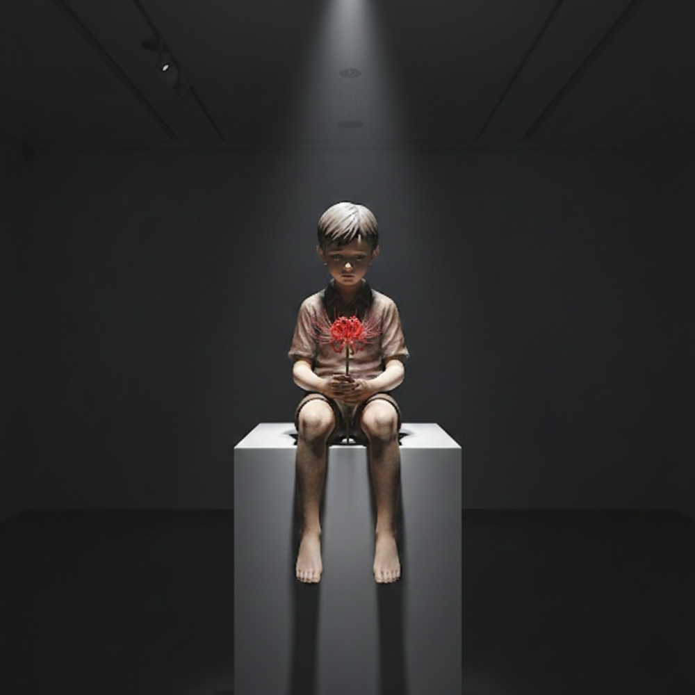 Technique:
Ink on paper; AI-assisted digital modeling and three-dimensional visualization
Witnesses of Time / Higanbana and Farewell:
The Higanbana flower symbolizes the silence of children growing up in the shadow of war and the way this silence takes root in the future. As the child plants the flower, they leave a trace not only in the soil but also in memory. This gesture marks a fragile passage between loss and remembrance.