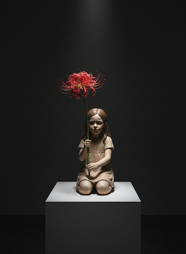 Technique:
Ink on paper; AI-assisted digital modeling and three-dimensional visualization
Witnesses of Time / Higanbana and Farewell:
The Higanbana flower symbolizes the silence of children growing up in the shadow of war and the way this silence takes root in the future. As the child plants the flower, they leave a trace not only in the soil but also in memory. This gesture marks a fragile passage between loss and remembrance.