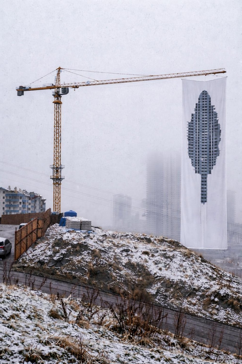 While concrete poplars are being erected at a relentless pace in Dikmen Valley, my field of vision is gradually being sealed off. Within this ongoing conflict with the system, my project’s visual universe continues to expand; I keep producing new and generative works. At the same time, I persist—at full speed—in deepening and making visible an awareness of the very process that sustains me.

The transformation unfolding in Dikmen Valley signifies not only a spatial change, but also a profound emotional and mental erosion. The work titled “Two Sides” seeks to render visible the impact of vertically imposed architectural structures on the individual, presented under the rhetoric of a “new way of life.” Each structure that replaces the poplar trees once emblematic of the valley becomes a “concrete poplar”—artificial extensions that mimic the rhythm of nature while simultaneously suffocating it. Questioning lost breathing spaces and split lives, this artwork opens a space where veils part.