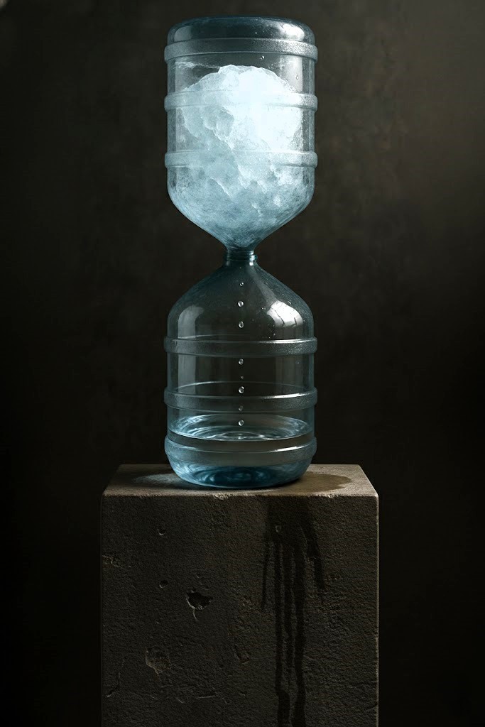 0:00 is a metaphor for the irreversible impacts of climate change and humanity’s ongoing struggle with time. The installation consists of two interlocked water containers: the upper vessel, inverted and filled with frozen water, evokes the melting polar regions and the silent collapse of Antarctica, while the lower, empty container symbolizes a world under threat shaped by floods, climate migration, droughts, and natural disasters. The narrow passage between them underscores a rapidly diminishing timeframe and a critical ecological threshold. Once the flow of time begins, it cannot be stopped; there is no reset. The work transforms the viewer from a passive observer into an intellectual participant, operating simultaneously as a climate alarm, an apocalyptic metaphor, and a quietly ticking ecological time bomb.