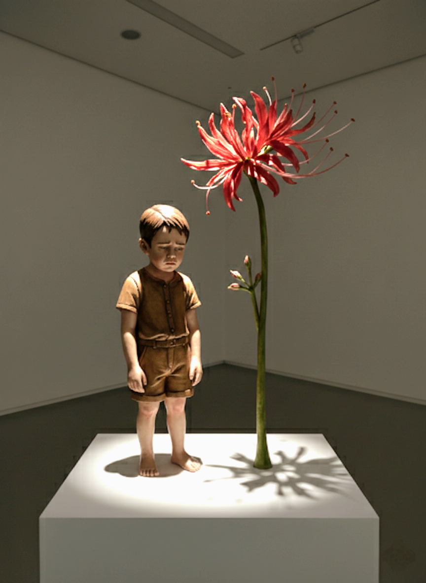 Technique:
Ink on paper; AI-assisted digital modeling and three-dimensional visualization
Witnesses of Time / Higanbana and Farewell:
The Higanbana flower symbolizes the silence of children growing up in the shadow of war and the way this silence takes root in the future. As the child plants the flower, they leave a trace not only in the soil but also in memory. This gesture marks a fragile passage between loss and remembrance.