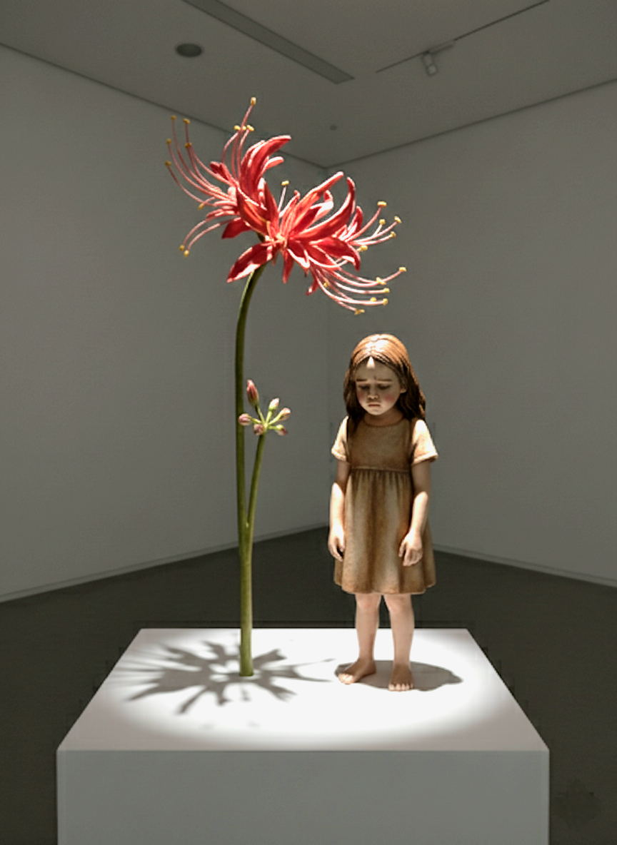 Technique:
Ink on paper; AI-assisted digital modeling and three-dimensional visualization
Witnesses of Time / Higanbana and Farewell:
The Higanbana flower symbolizes the silence of children growing up in the shadow of war and the way this silence takes root in the future. As the child plants the flower, they leave a trace not only in the soil but also in memory. This gesture marks a fragile passage between loss and remembrance.