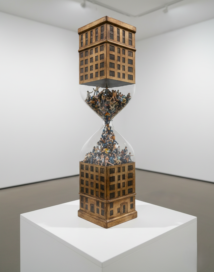 “Synchronized Loneliness” renders visible the impact of contemporary architecture on individuals through the hourglass form created by two identical modern skyscrapers joined at their lower ends. Inside the structure, falling human figures—replacing sand—symbolize the passage of time, social isolation, collective disengagement, and the gradual fading of individual presence.

The work exposes the structural contradictions of the modern built environment that isolate, render invisible, and disconnect individuals. It reveals how an architectural order that promises collective life ultimately condemns individuals to a simultaneous yet singular state of loneliness.
, Ink on paper,  
AI-assisted digital modeling and three-dimensional visualization