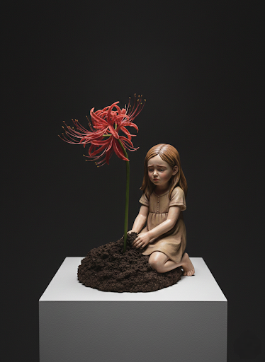 Technique:
Ink on paper; AI-assisted digital modeling and three-dimensional visualization
Witnesses of Time / Higanbana and Farewell:
The Higanbana flower symbolizes the silence of children growing up in the shadow of war and the way this silence takes root in the future. As the child plants the flower, they leave a trace not only in the soil but also in memory. This gesture marks a fragile passage between loss and remembrance.