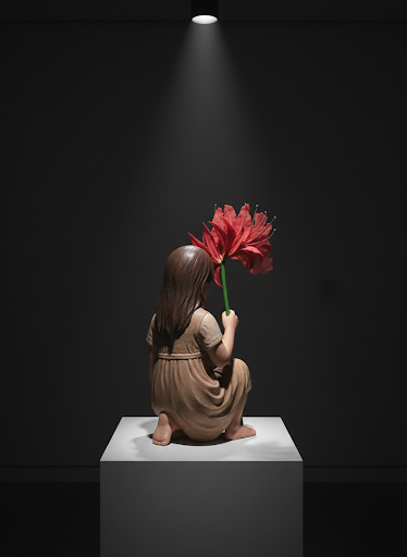 Technique:
Ink on paper; AI-assisted digital modeling and three-dimensional visualization
Witnesses of Time / Higanbana and Farewell:
The Higanbana flower symbolizes the silence of children growing up in the shadow of war and the way this silence takes root in the future. As the child plants the flower, they leave a trace not only in the soil but also in memory. This gesture marks a fragile passage between loss and remembrance.