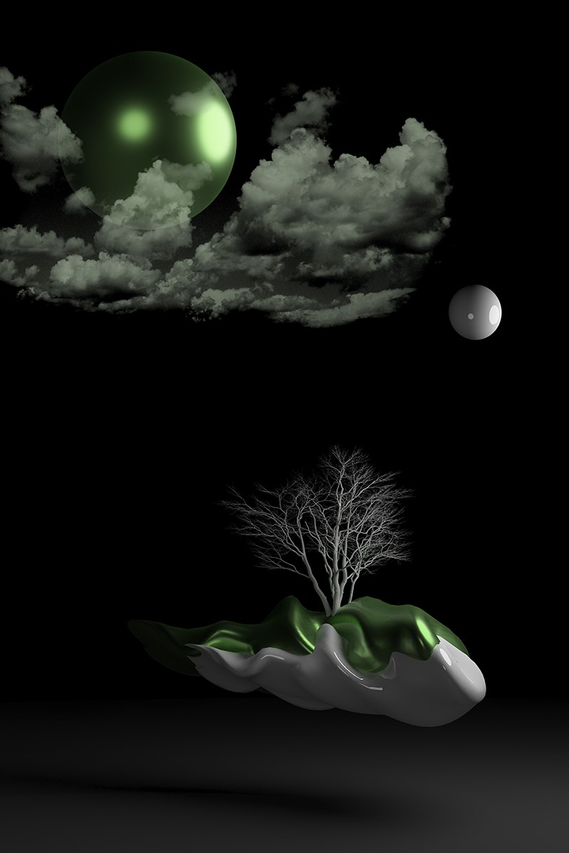 In a realm of monochrome mystery, a solitary tree stands bare, its branches reaching out like desperate fingers to the void above. It is perched atop an undulating landscape of green and white, reminiscent of a slumbering beast beneath a moonlit shroud. This scene lacks human presence, evoking a sense of isolated beauty where nature performs its silent symphony under the watchful gaze of celestial bodies.