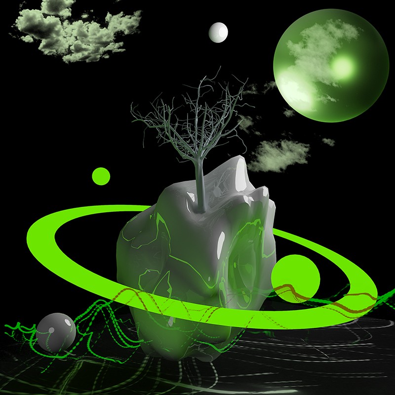 A dance of existence evokes a sense of isolation and resilience, portraying the green-tinted sun, as a silent guardian of the universe’s grandeur and mystery. Below this sun, a barren tree grows from a floating rock. This is a land where time seems to stand still, a place that feels both ancient and timeless, caught in a perpetual twilight under the sickly green sun.