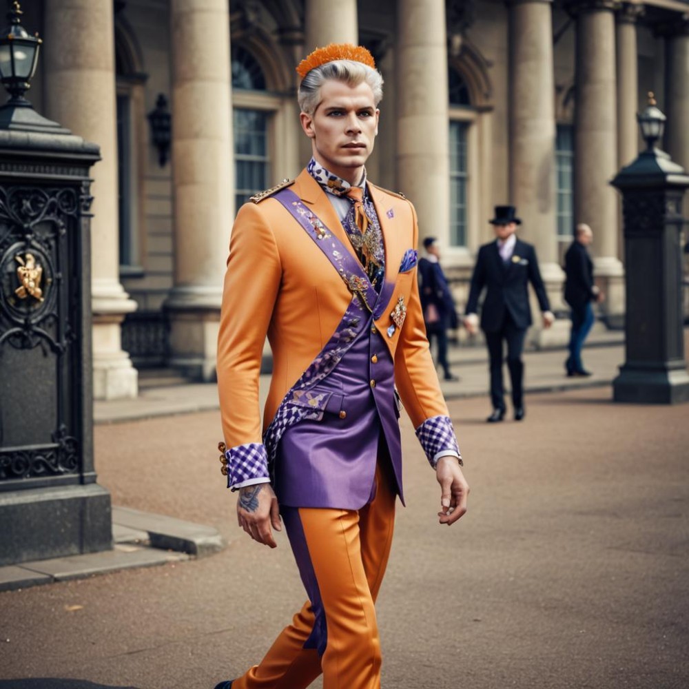 The Prince of Aurantia
Prince Kaelan of Aurantia walked with a purpose that parted the sea of London grey like a blade. The tourists outside the Palace gates lowered their phones, their expressions a mixture of confusion and awe. He paid them no mind. He was not here for them.

His attire, the formal regalia of his small, sun-drenched nation, felt simultaneously alien and natural in this historic setting. Each element was a chapter of his country's story. The tangerine silk of his tunic represented the legendary citrus orchards that funded their prosperity. The royal purple of the sash and waistcoat was the colour of the rare Vesper Orchid, which bloomed only on the highest peaks of the Aurantian mountains and was the emblem of his family line. The gingham check on his cuffs and sash, a pattern derided as rustic elsewhere, was the symbol of Aurantia's unbreakable community fabric. Even the small, textured crown was not gold, but fashioned from the hardened, polished rind of the first f