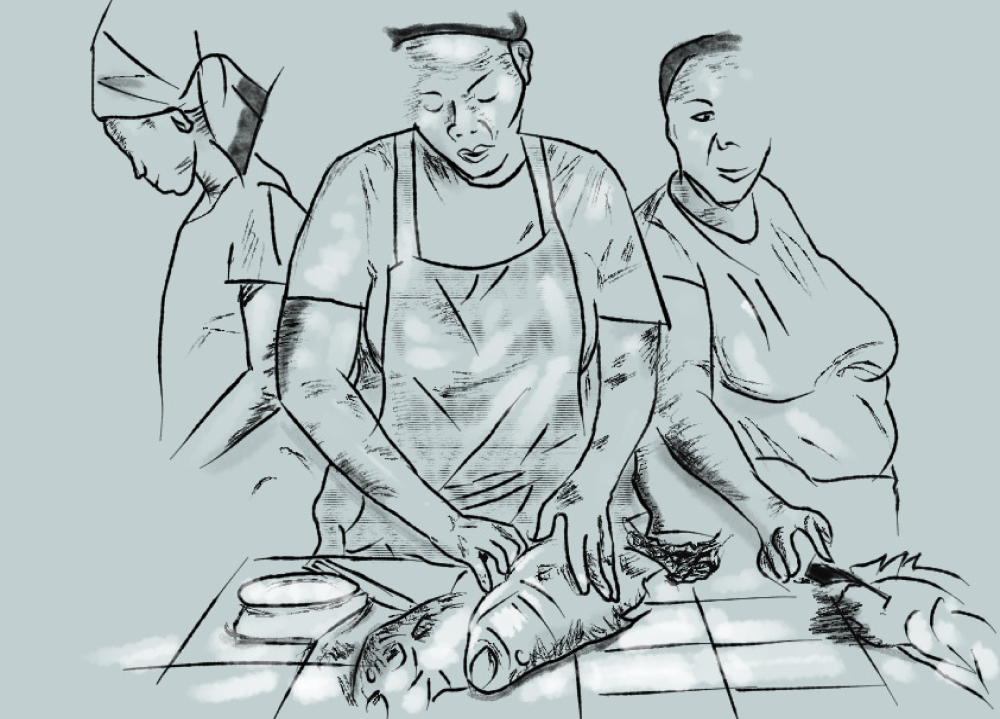Digital ink drawing of ladies cleaning and serving out fresh tilapia by the lake.