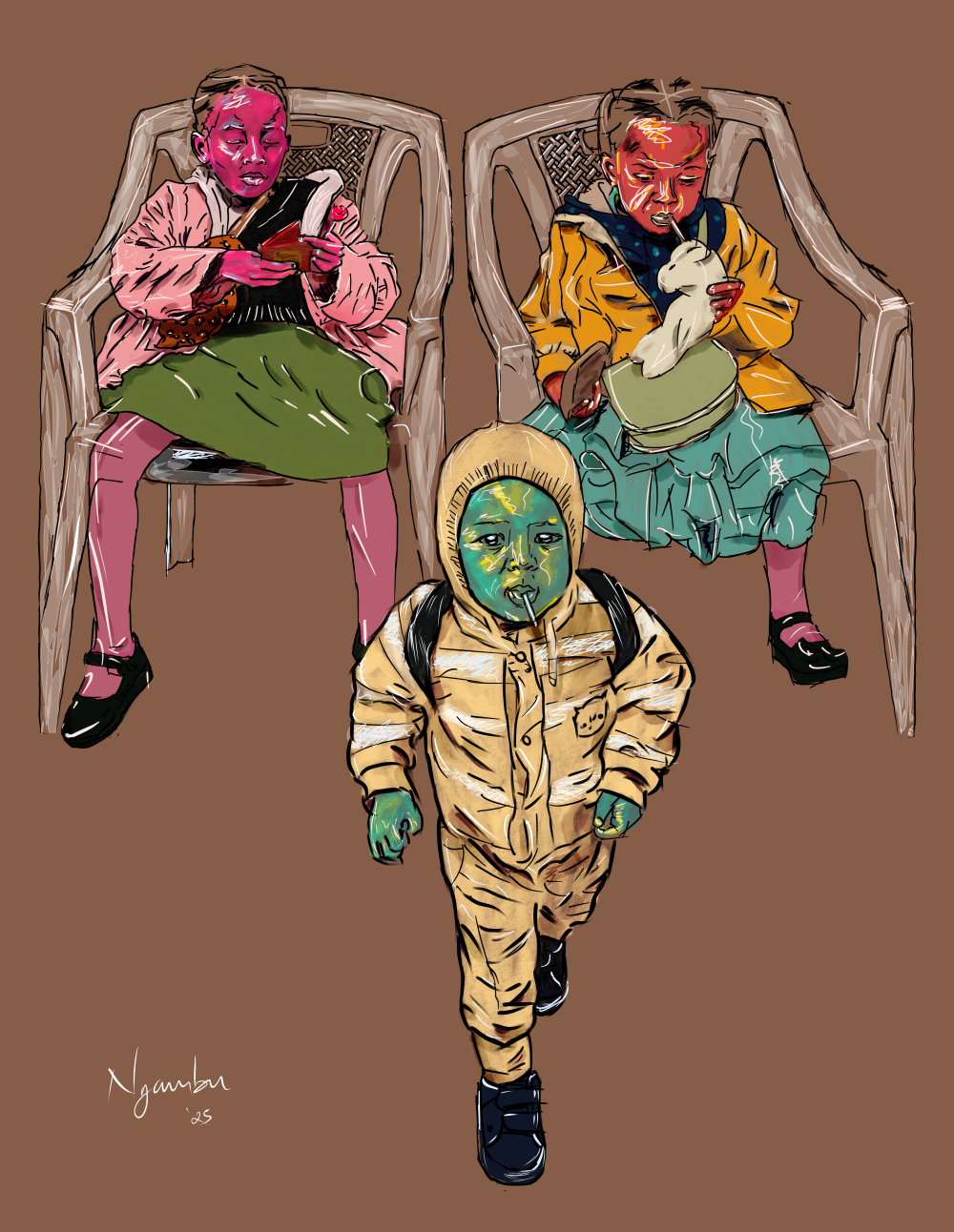 Neo-expressionist figurative digital illustration of three toddlers.