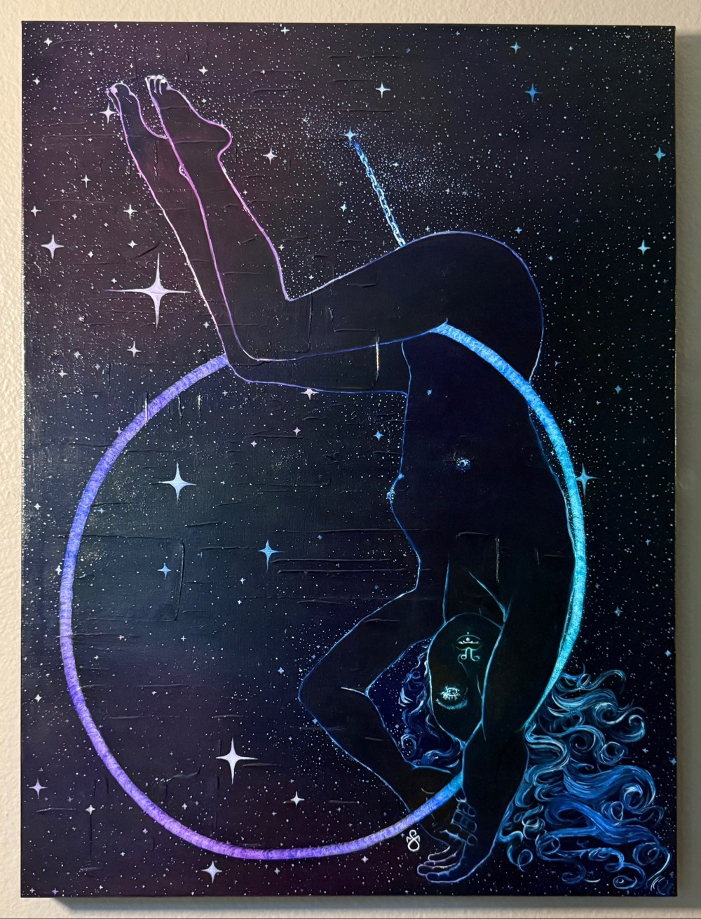 30”x 40” • oil on recycled canvas • Stardust is an ode to my journey of "self actualization" while recognizing that we all are originally born of "stardust". I think "little me" would be proud of the woman I have become and am becoming today amidst the trials and tribulations I've overcome since being wrongfully ripped away from my mother at 4 years old. This body of mine has been through a lot in its time on this planet and has been resilient and also strong enough to take on new physical hobbies such as Lyra - which literally feels like flying - and I could not think of a better way to express myself than through a portrait that celebrates all that I am becoming through "time." • 7/2025