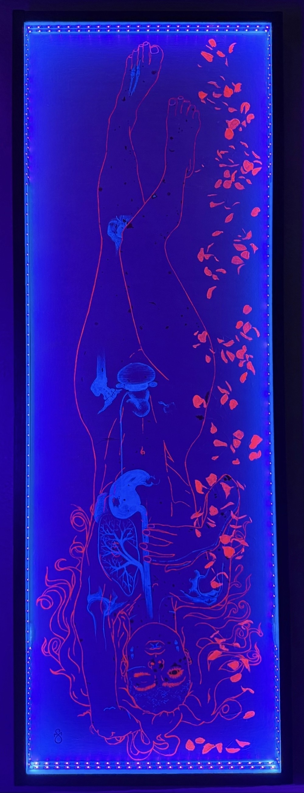 17” x 49” • acrylic on recycled canvas, poplar frame, uv lights • “resiliencia” is a UV Reactive, Kintsugi Inspired, honest glimpse of my own personal survival.  I also built the UV Light Frame • 7/25/2025