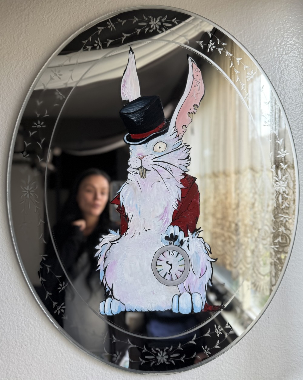 Inspired by “Alice in Wonderland”, “American McGee’s - Alice”, and “Waterships Down” - Honorable mention to “Rick & Morty.” 4/2025

28” x 24”, oil paint on recycled mirror