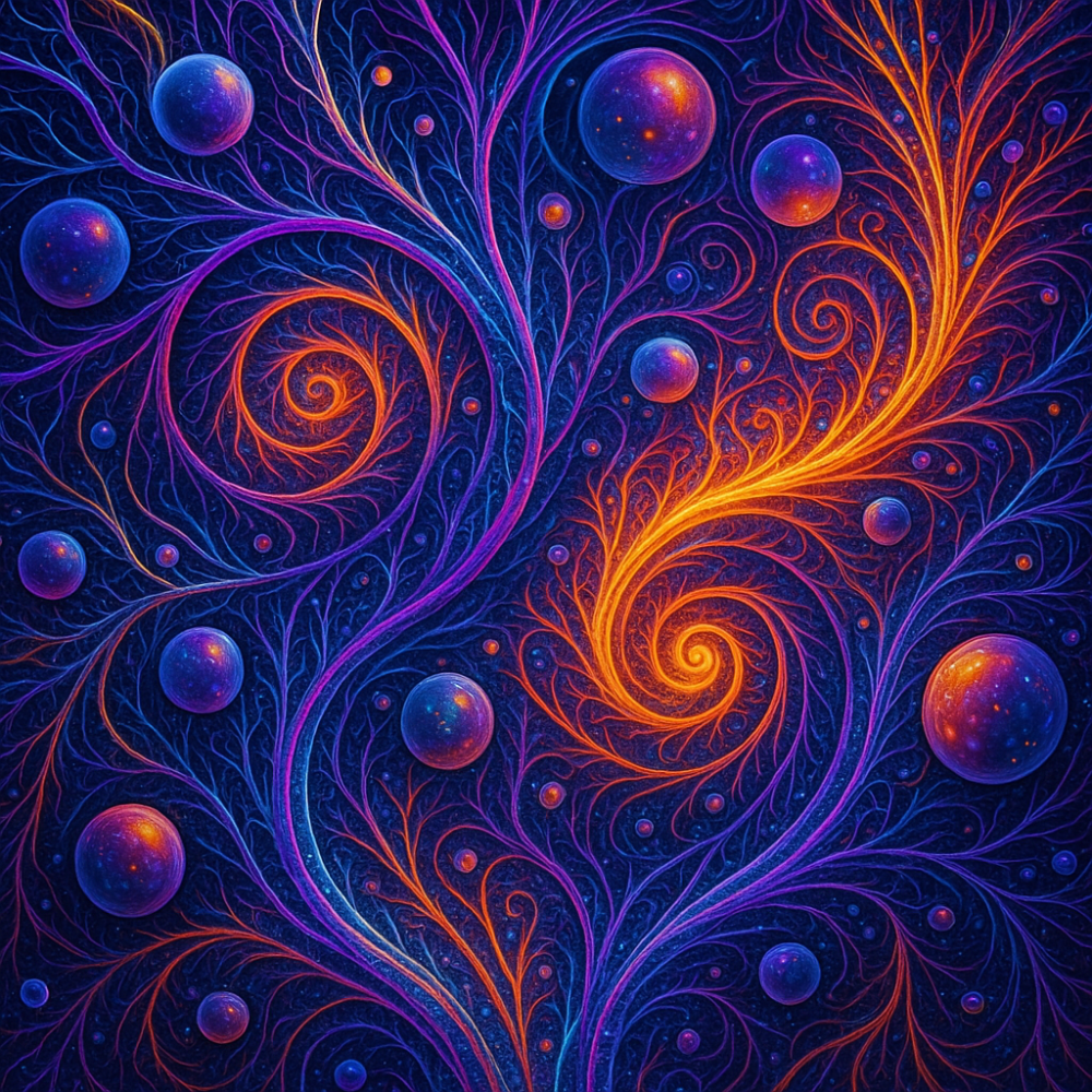 A vibrant, neon-colored digital tapestry featuring intricate, spiraling organic forms in electric blue and purple, brilliantly contrasted by fiery orange tendrils. The artwork is peppered with glowing, celestial spheres, creating the appearance of an otherworldly, illuminated garden.