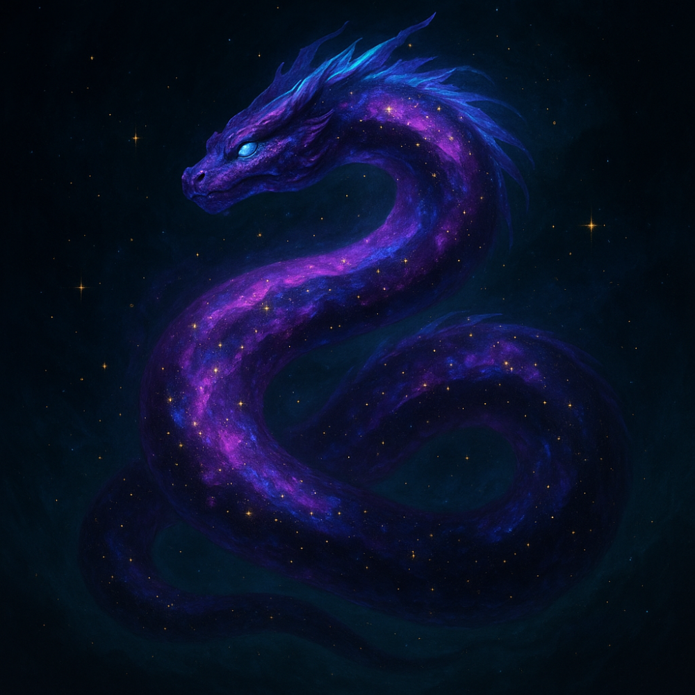 This artwork portrays a mythological dragon whose form is composed of a dense, glittering galaxy. The striking contrast of the dark night sky with the bright purple and pink cosmic dust creates a dramatic figure. The dragon's scales are replaced by stardust, and its powerful stance suggests it is a constellation brought to life, guarding the secrets of the universe.