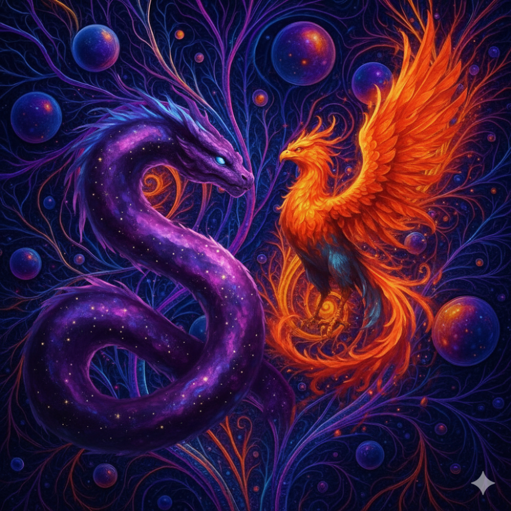This artwork represents a synthesis of primal forces: Creation, Guardianship, and Rebirth. The composition is divided between the fiery, intense Orange and Red of the Ember Phoenix—a symbol of eternal renewal rising from its own flame—and the cool, profound Purple and Blue of the Nebula Dragon—the protector embodying the vast, ancient power of the cosmos. These two forces are interwoven with the intricate, fractal patterns of the Glow Garden, representing the vibrant, psychedelic energy of life and growth that connects all celestial and mythical realms. It is a visual tapestry of elemental contrasts: fire and void, life and eternity.