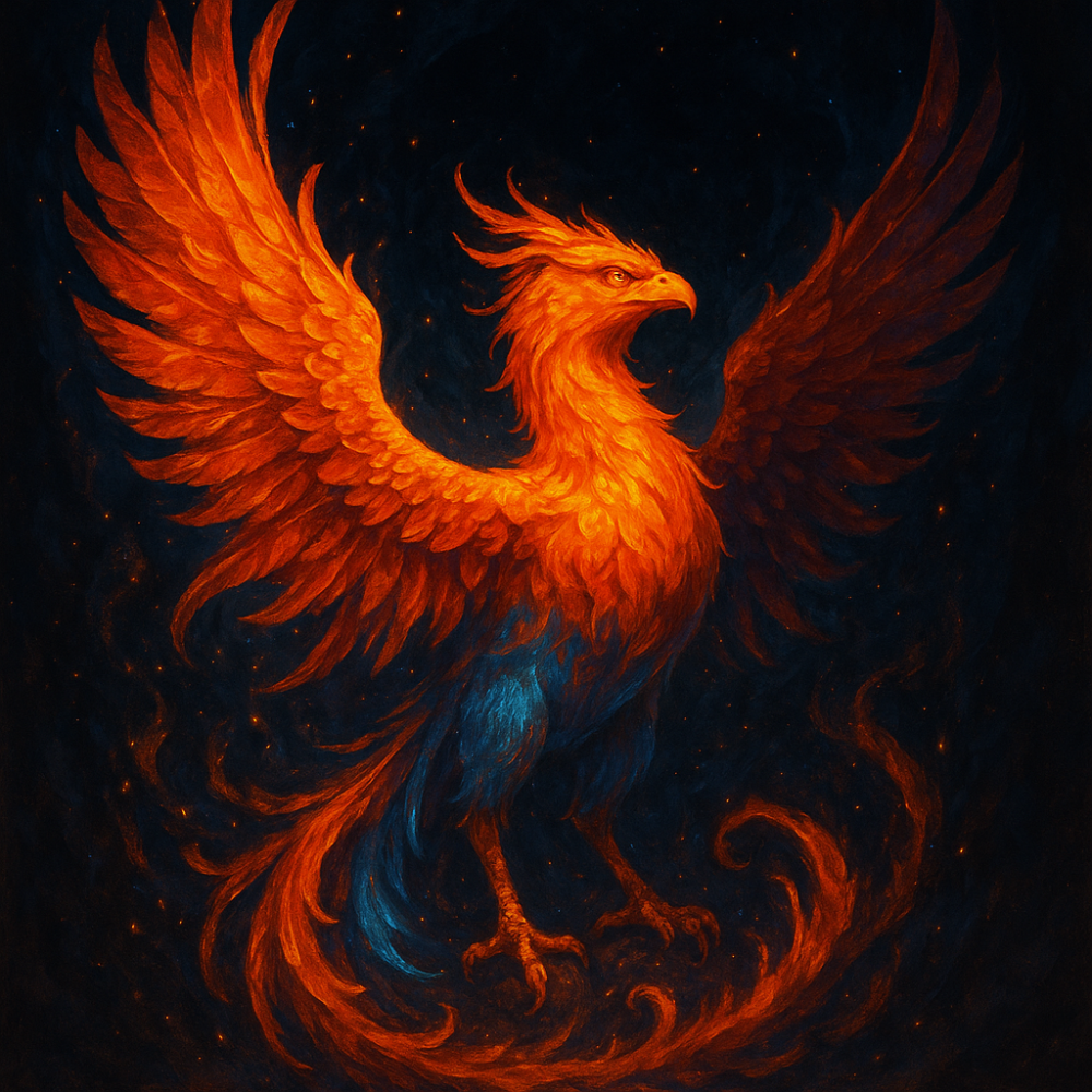 This artwork captures the majestic Phoenix, glowing with the warmth of a thousand suns against a void of deep shadow. Its feathers are rendered in fine detail, shimmering in brilliant hues of orange, gold, and crimson. The creature's feet rest on swirling flames and embers, emphasizing its role as the master of fire and the cycle of death and resurrection.