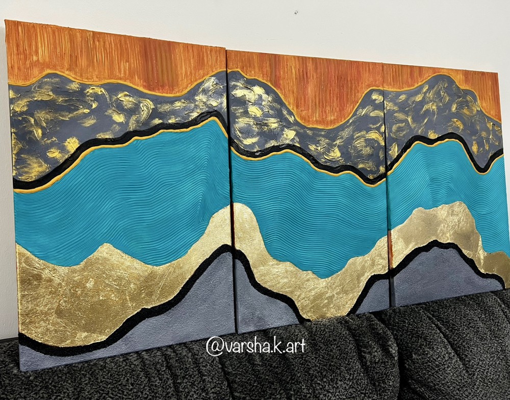 Texture paste and gold leaf spread across 3 canvases of size 40cm x 60cm each