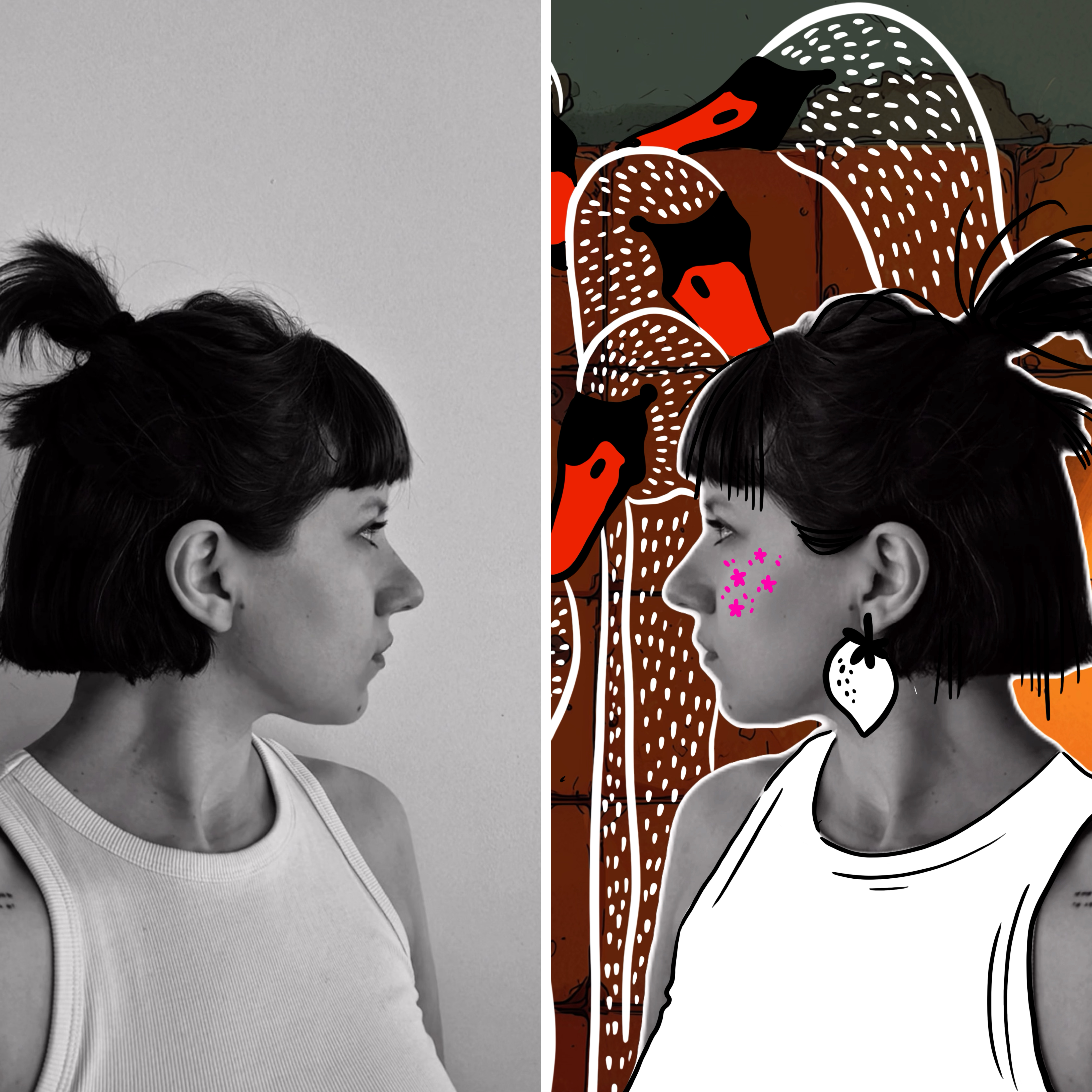 I’m a 2D animator, illustrator, and artist, creating worlds on the edge of absurdity and surrealism. I work with sarcasm, strange imagery, and visual metaphors. I love combining realistic photographs of urban architecture with fantastical elements in animation. I believe art can be beautiful, ridiculous, and honest at the same time