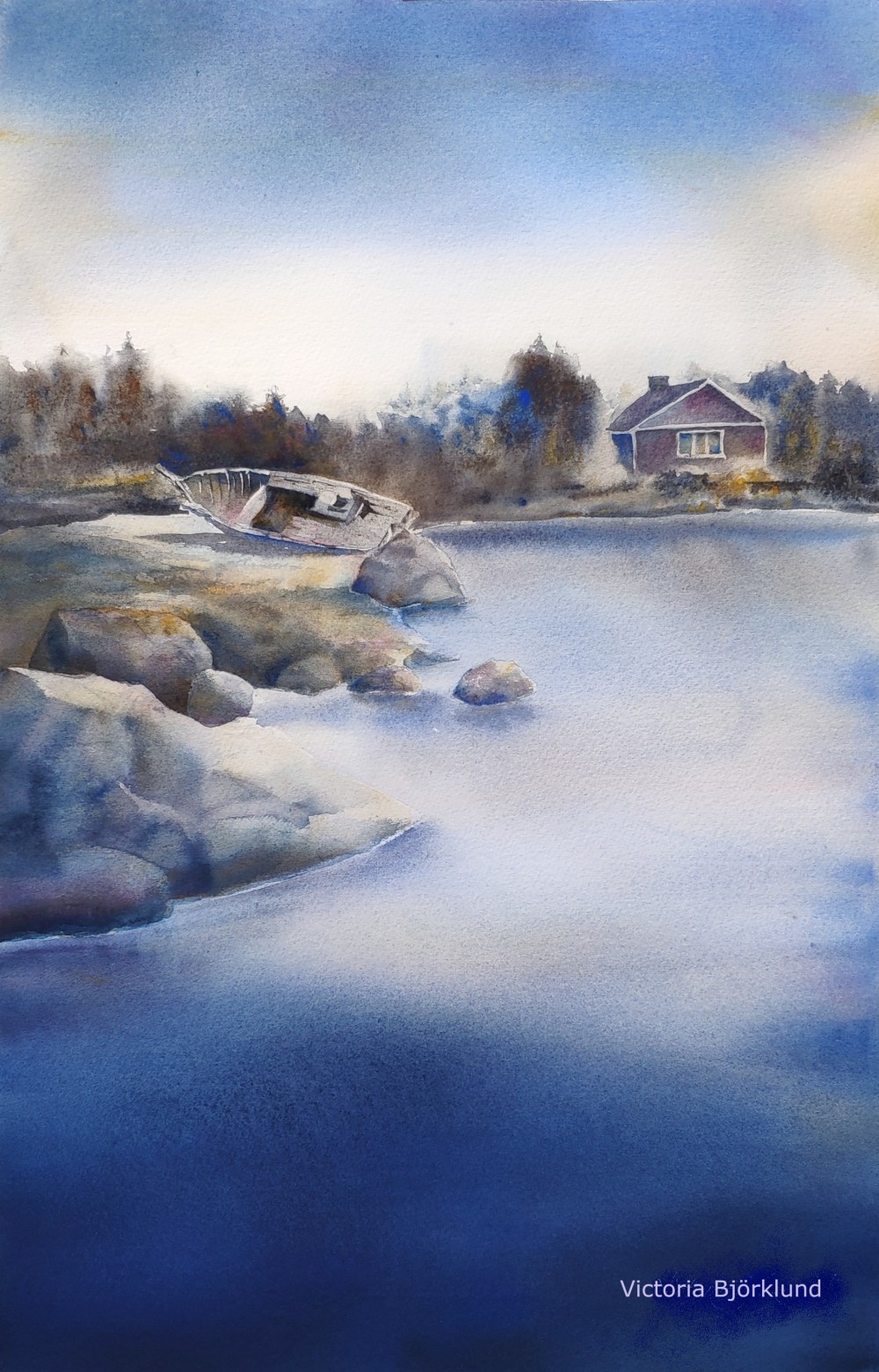 "Finnish arhipelago", watercolour 38x56 cm, 2021. EXPOSITION D’AQUARELLES FRANCE – Pologne 2022 Espace Art Galerie ALbi France 25  – 30.03.2022 (TOP 50. Recognition Awards. Landscapes and Seascapes. Contest, exhibition & Awards winners).