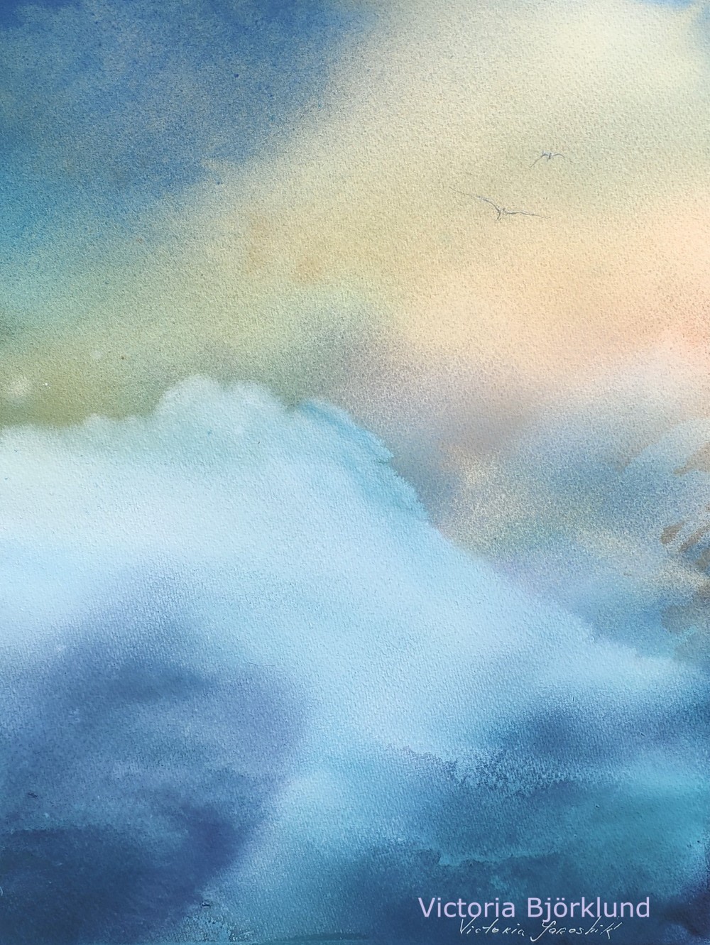 "Flying over freedom", watercolour 40x56 cm, 2022. The British Artists Association (SAA UK) selected and published this painting in the art magazine "Paint & Create" in Spring 2024.