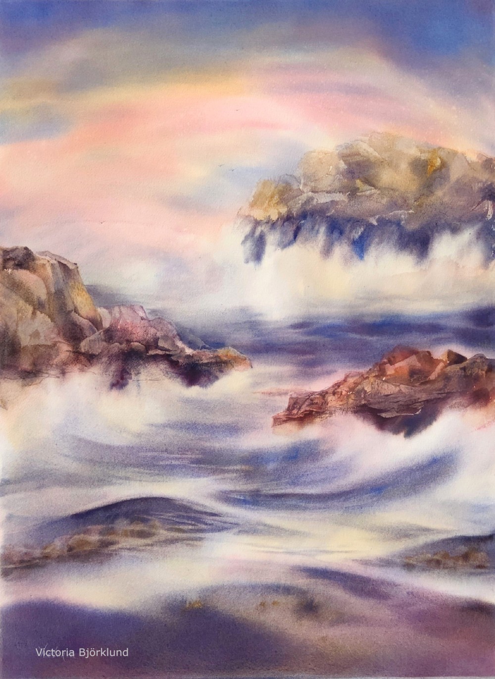 "Crashing waves", watercolour 56x76 cm, 2023. Exhibition: Finnish Watercolour Art Association "Pro Aere 2023", Helsinki 27.07- 13.08.2023.