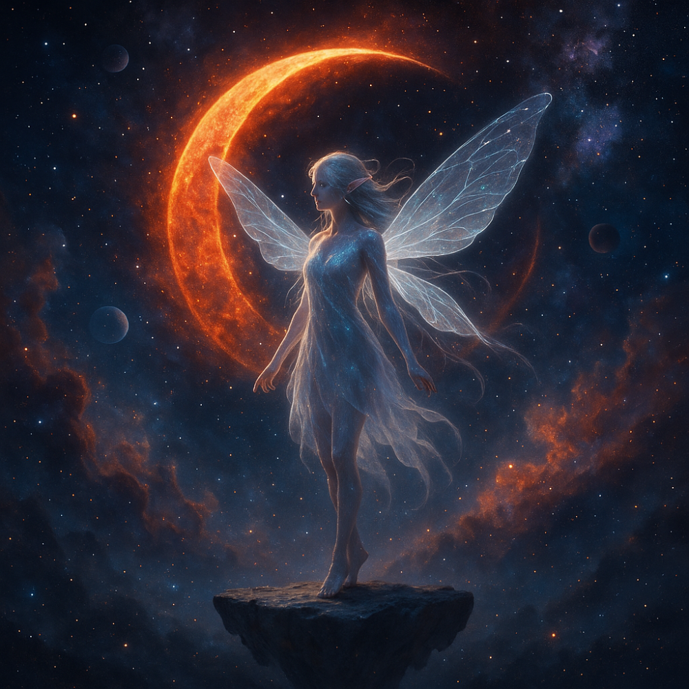 A fairy spirit stands on a floating stone at the heart of a blazing celestial sky. Her transparent wings shimmer with stardust as a massive burning crescent moon rises behind her, illuminating a galaxy filled with vibrant nebulae and distant planets. A magical moment suspended between reality and dreams.