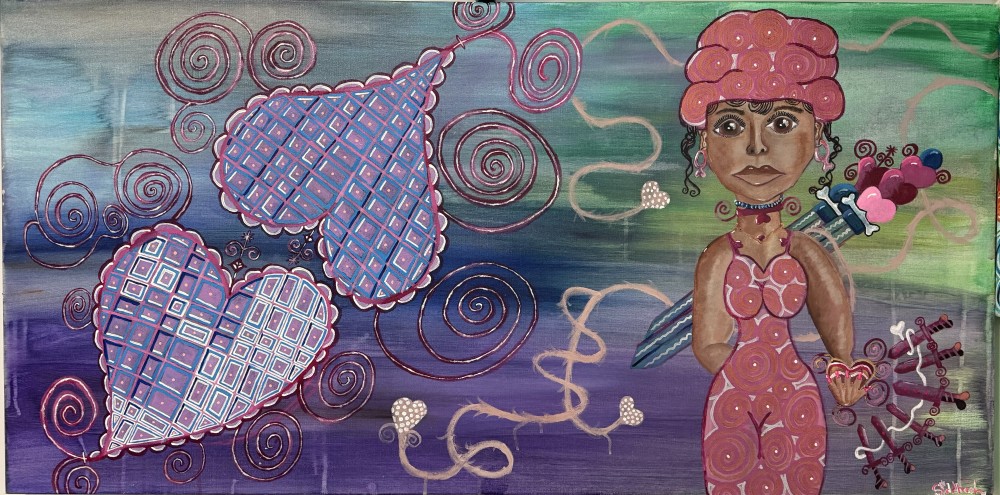 Exploration of the Goddess Erzulie Freda displaying passion, love, and evoking conquest through the depths of the heart and psyche. 

48x24 Acrylic on canvas