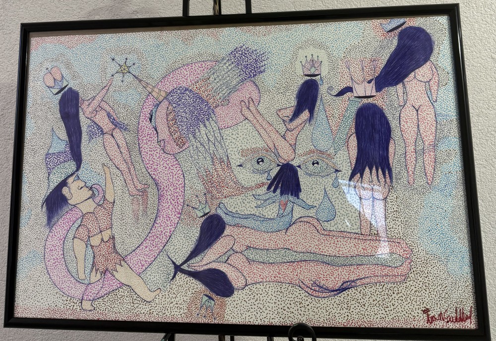 Fractions of light categorized in woman form wearing crowns symbolizing authority and power, a unicorn like serpent symbolizing kundalinis rising and the dots symbolizing the Dreamtime.