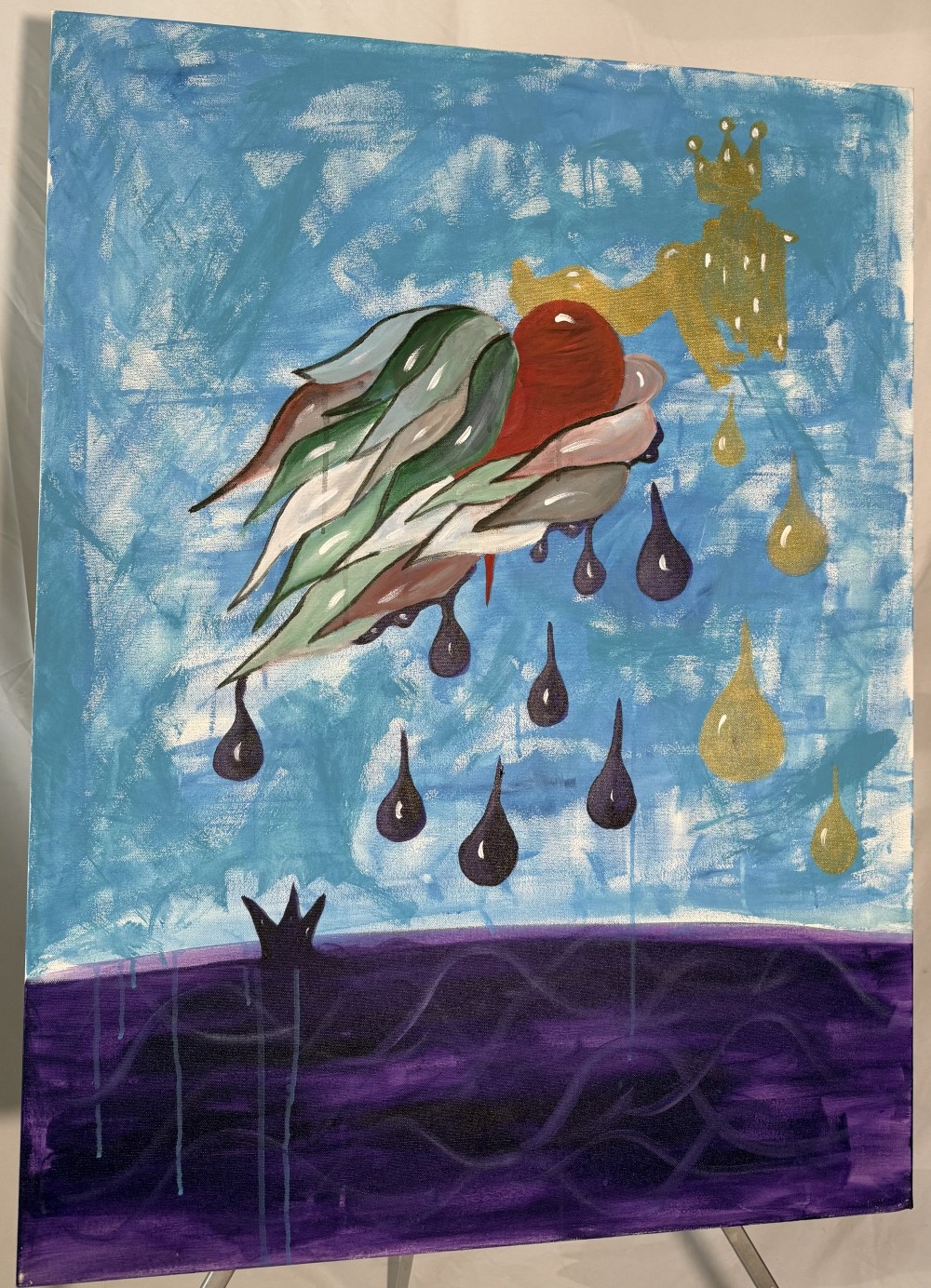 The seat of the heart also the soul flying and carrying Amun with the tear symbolizing the weight of the souls journey through the human experience and the weight of the crown and how even the tears and the weight create a beautiful ocean of reign

30x40 Acrylic on canvas