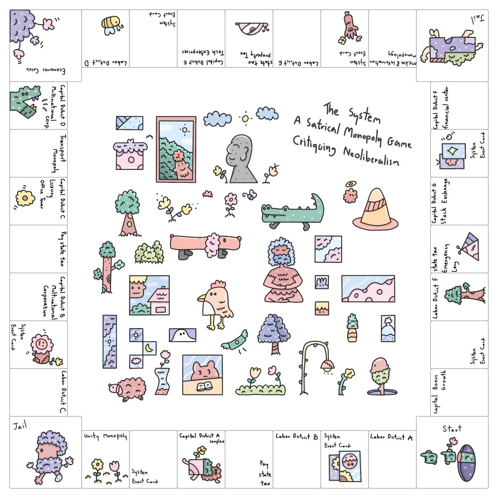 In this piece, I reinterpret the classic Monopoly board through a political lens, rendered in my own art style. The board features customized properties, redesigned currency, and character pieces inspired by political figures, transforming the familiar game into a playful yet critical reflection on power, systems, and control