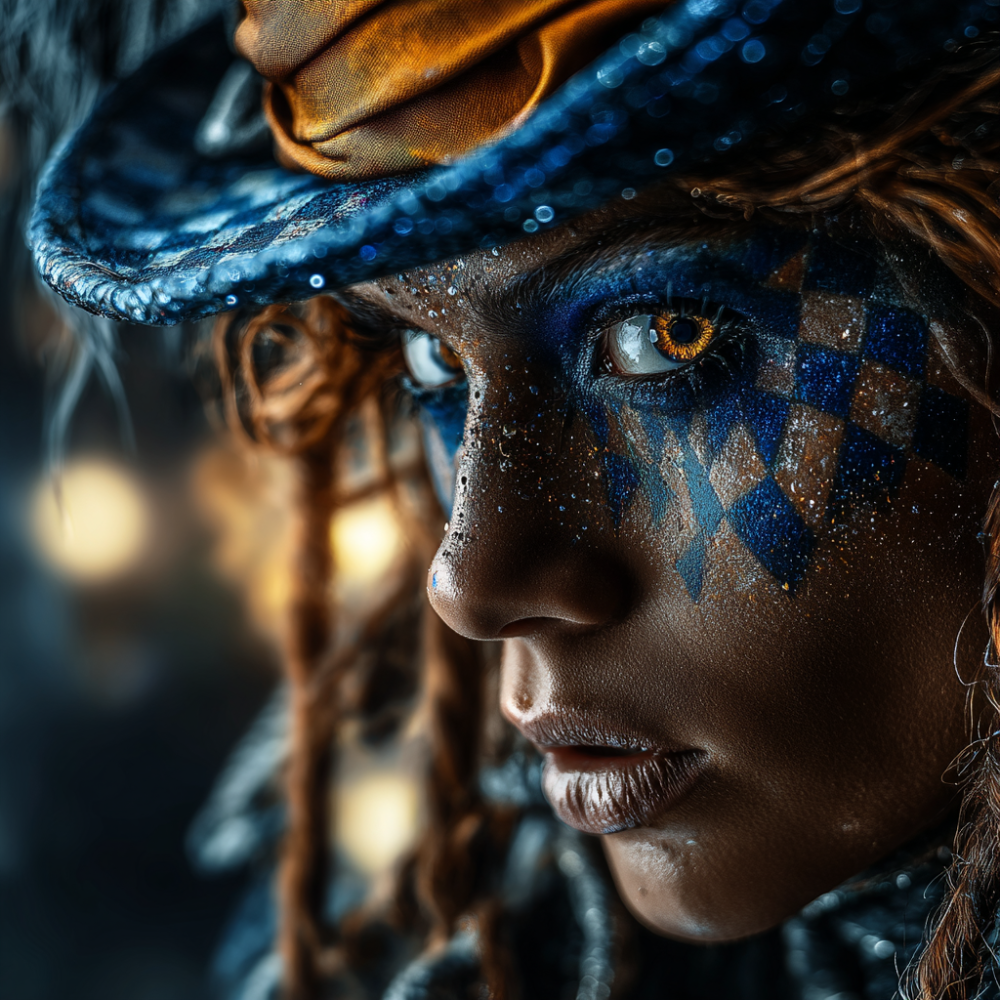 In profile, contemplative. Water beads on skin like morning dew or ritual preparation. Chequered blue paint streaks, warpaint or ceremonial marking, depending on who's looking. This is the moment before the tea party, before the riddles, before the performance of "madness" that Carroll's text demands. In "Through the Looking-Glass," characters exist to confuse Alice, to refuse her sense-making. But what if that refusal was survival? What if performing "nonsense" was the only way to keep Empire from translating, taxonomizing, and owning your knowledge? This is the Hatter in her own mind, braided through centuries, looking through the glass at a colonizing gaze that keeps demanding she explain herself. She doesn't owe the explanation. The braids already carry the answer.