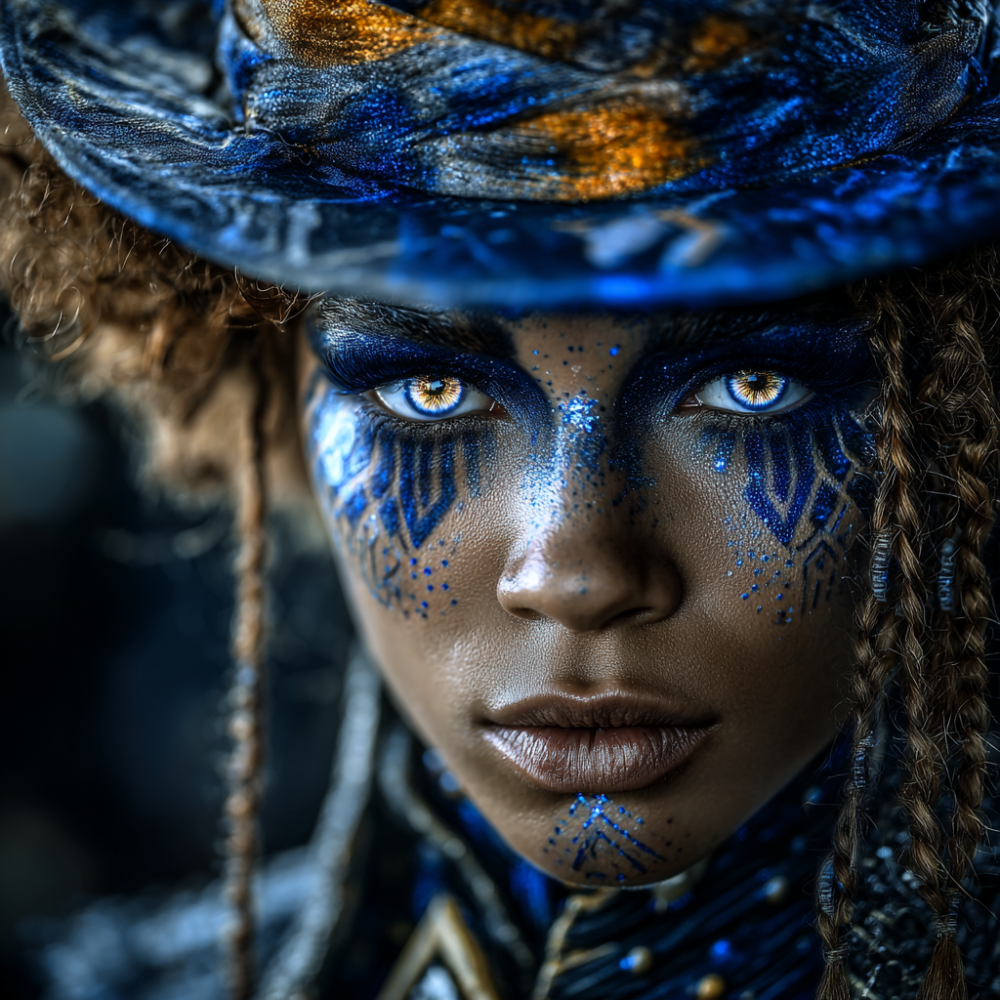 Frontal, unflinching. This is the gaze that refuses to be studied, cataloged, or explained. In Carroll's Wonderland, the Mad Hatter asks Alice endless riddles she can't solve because her colonial logic has no answers for questions rooted in other ways of knowing. Here, the Hatter wears blue verdigris textiles like oxidized armor, gold accents catching light like ancestral currency. The face paint spirals in Celtic knotwork and African geometric precision: visual languages that predate Empire's arrival and outlast its collapse. The tea party isn't madness. It's ceremony. The riddles aren't nonsense. They're koans. This is the Hatter who never needed Alice to make sense of her.