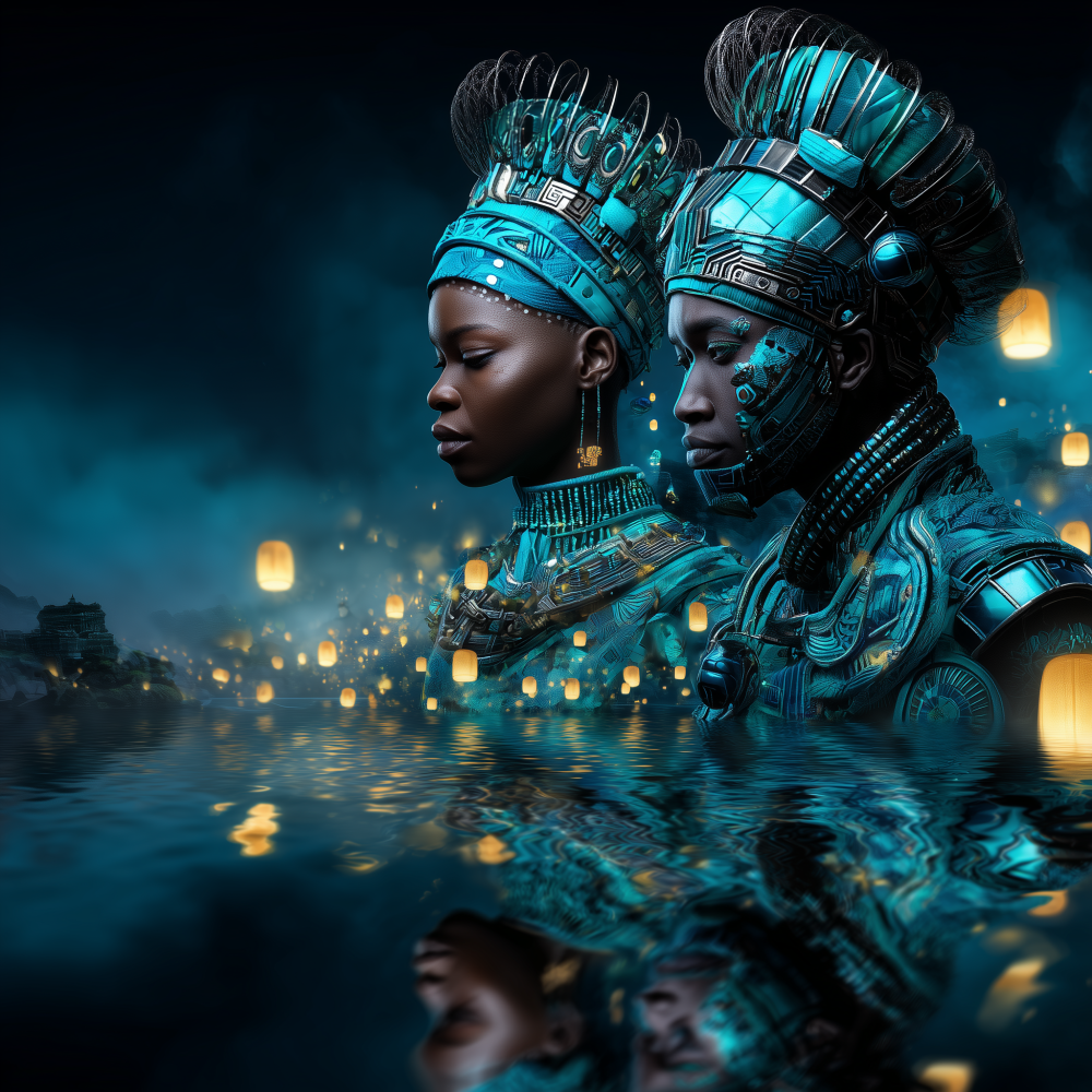 A man and woman in ceremonial regalia stand in profile, their reflections merging in still water beneath a sky of floating lanterns. This composition visualizes the concept of dual lineage not as internal conflict but as mutual witnessing—two ancestral streams embodied, acknowledging each other, standing in parallel rather than opposition. The elaborate headdresses combine geometric Celtic metalwork patterns with African sculptural adornment traditions, both cultures that understood ornament as technology of power and identity. The pairing of masculine and feminine suggests the completeness required to carry heritage forward: both forces, both lineages, both necessary. The mirrored water creates a third space where the two become inseparable, where reflection and reality cannot be distinguished. This is heritage as partnership: looking at each other, seeing each other whole, holding the dual path together.