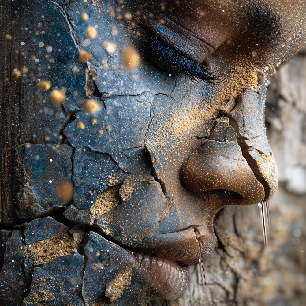 Blue verdigris. The natural oxidation of copper exposed to air and moisture over time. Bronze patina forming through contact with elements. Sand accumulating in the fracture lines. Water beading on what remains intact. This is what happens when surface meets world: reaction, marking, exchange. Not violence. Not attack. Natural process made visible. The face doesn't suffer oxidation. It records it. The surface remembers every element that touched it: air, water, mineral, time. This is chemistry as autobiography. Evidence of contact. Proof of survival.

Medium: AI-generated digital art
Print options: Aluminum metal print or acrylic face-mount
Edition: Limited to 25 numbered prints