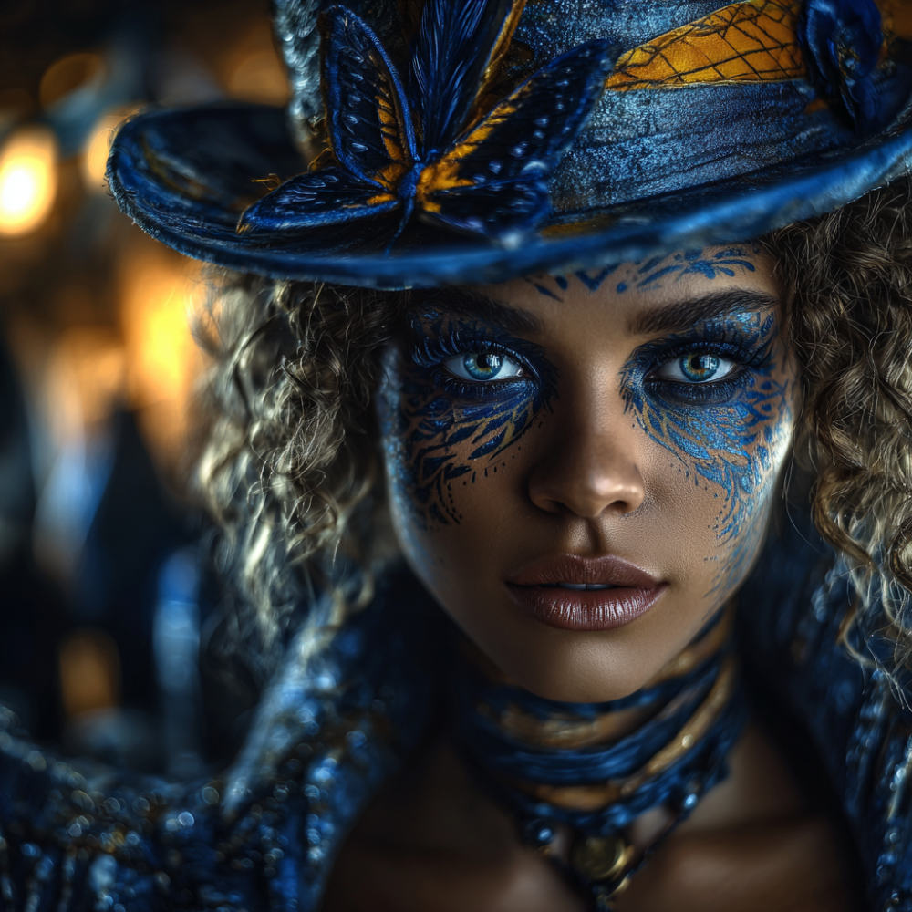 The direct gaze beneath the elaborate brim. In "Through the Looking-Glass," Alice must pass through a series of squares on a chessboard to become queen, a colonial metaphor if there ever was one. But what if the Hatter guards a different threshold? What if the looking-glass she tends reflects the world before Empire tried to reverse it? The beadwork drapes like currency, like rosary, like abacus: technologies of counting what matters. The face paint is symmetrical, intentional, coded. This isn't decoration. It's documentation. She's not blocking the way through the mirror. She's asking if you're ready to see what's on the other side: the world as it was, before the glass distorted everything into "madness."