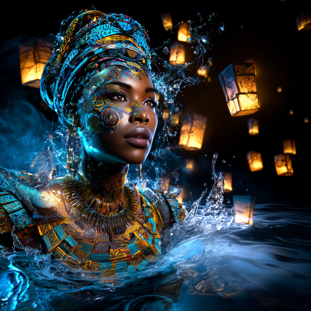 In liminal waters, a figure emerges adorned in traditional headwrap and patterned textiles, surrounded by floating ceremonial lanterns. This work explores the ritual practice of ancestor veneration found in both African and Celtic spiritual traditions—the lighting of flames to call forth names, to remember, to honor. "Between Tides" references the threshold space where saltwater meets fresh, where island Celtic cultures and African coastal peoples both developed deep relationships with water as transformative element. The lanterns drift upward like prayers, like breath, like the continuity of memory across diaspora. Water here is not merely backdrop but active participant: it purifies, it births, it carries the light forward.