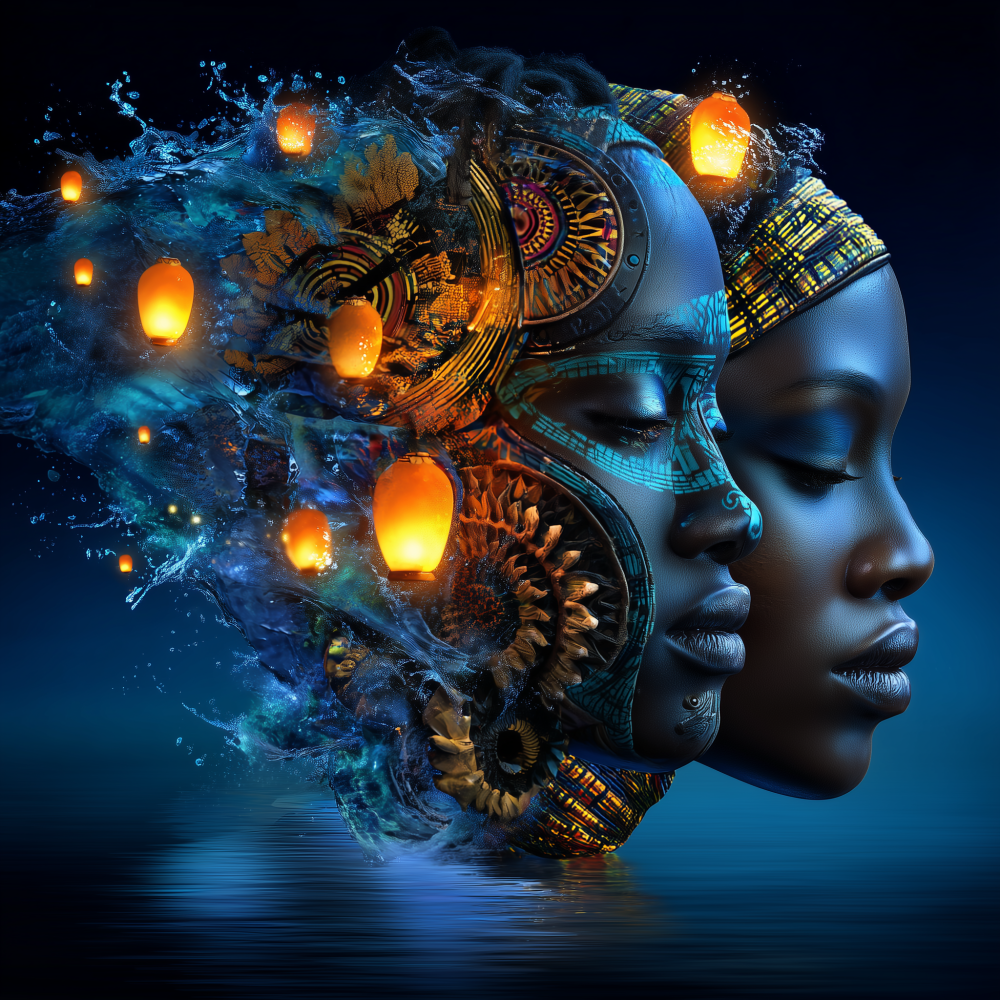 Two profiles emerge from cascading water, the head and hair transforming into intricate mechanical structures, gears, circuits, and architectural elements that float and dissolve into ceremonial lanterns. "The Fluid Bridge" is the conceptual anchor of this series: the recognition that identity is not fixed inheritance but living infrastructure. The Celtic mechanical and ornamental traditions (circa 500 BCE–100 CE) meet East African iron-working technologies (emerging around 1000 BCE) not as historical collision but as parallel engineering genius. Water flows through metal. Metal structures contain light. The bridge between worlds is not built externally—it is the self, permeable and strong, conducting memory like current. This work rejects the rigidity of "pure" cultural categories and instead proposes heritage as adaptive, responsive, fluid in its strength.