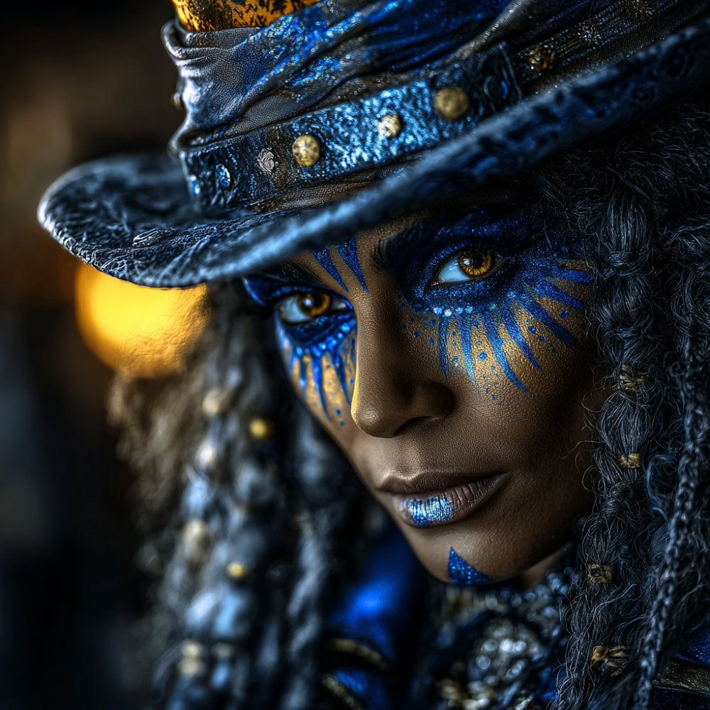 Adorned in metallic blue textiles and gold cowrie-shell-inspired accents, the Hatter tilts her head—not in confusion, but in knowing amusement at the questions she knows are coming. "Who are you?" Alice asks everyone in Wonderland, demanding they define themselves in her terms. But adornment is already answer: the braids carry memory, the textiles hold technique, the face paint maps lineage. This is identity that doesn't translate into Empire's language and refuses to. The blue recalls both Celtic woad warriors and African indigo dyers. The gold references both Celtic torcs and West African goldwork. These aren't "influences." They're inheritances. The looking-glass reversed nothing. She was always whole.