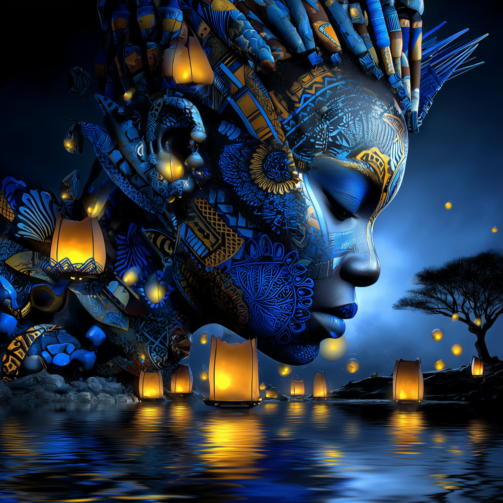 A frontal gaze, unflinching. The head is crowned with an architectural headdress of such complexity that it becomes a monument—Celtic geometric patterns interlocking with African sculptural forms, beadwork cascading like blueprints, metallic elements suggesting both ancient torcs and contemporary engineering. Behind the figure, the African savannah grounds the composition in place, while floating lanterns map the sky like constellations of ancestral knowledge. This is the series' culmination: heritage not as passive inheritance but as active construction. "The Architecture of Belonging" asserts that identity is something built: intentionally, skillfully, with the tools of two iron-working cultures that understood metal as sacred material. The figure does not ask permission to exist in both worlds; she designs the space where both worlds meet. This is belonging as creative act, as structural integrity, as the refusal to be displaced from either lineage.